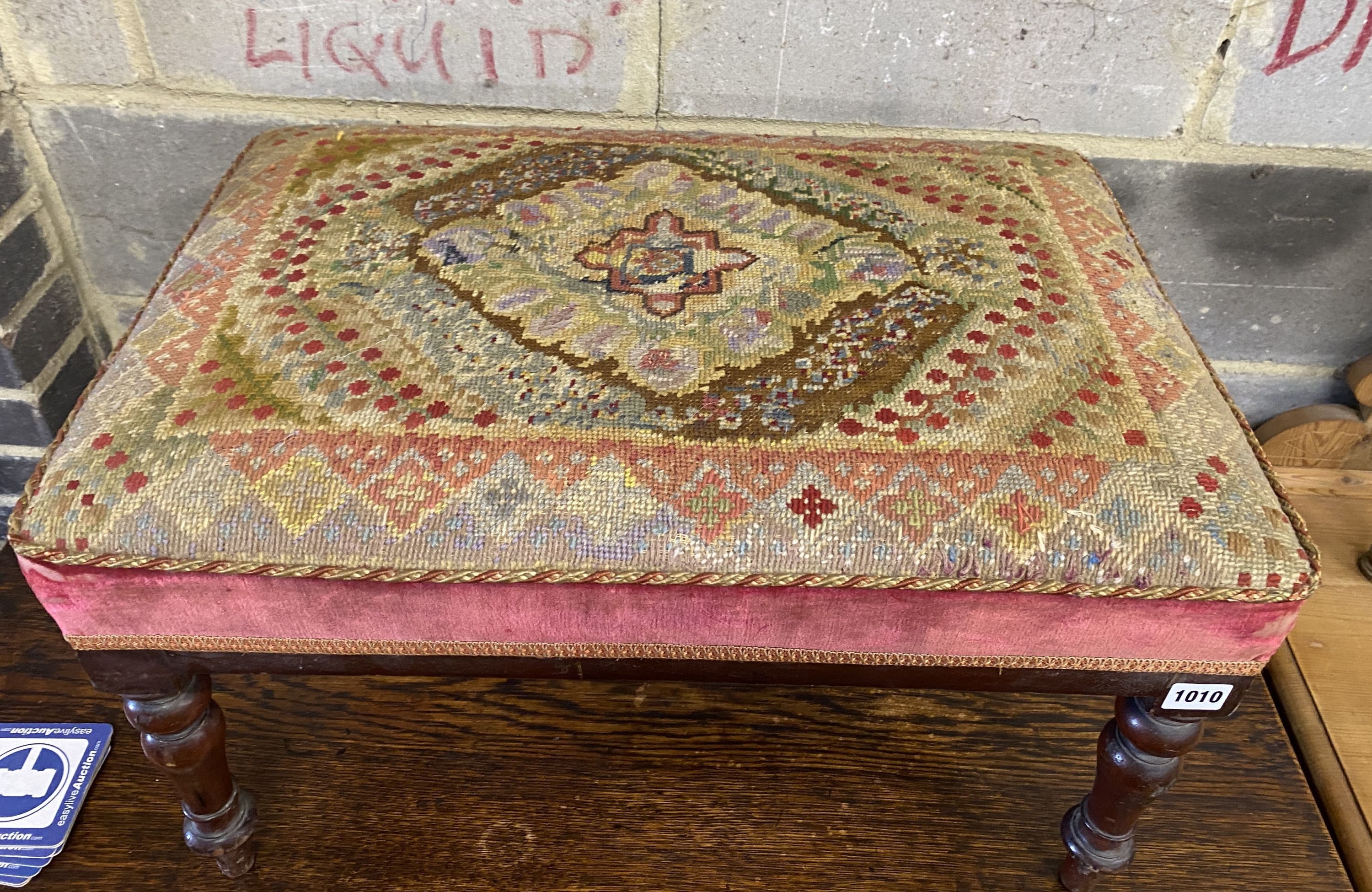 A Victorian rectangular mahogany dressing stool with tapestry seat, width 62cm, depth 44cm, height 36cm